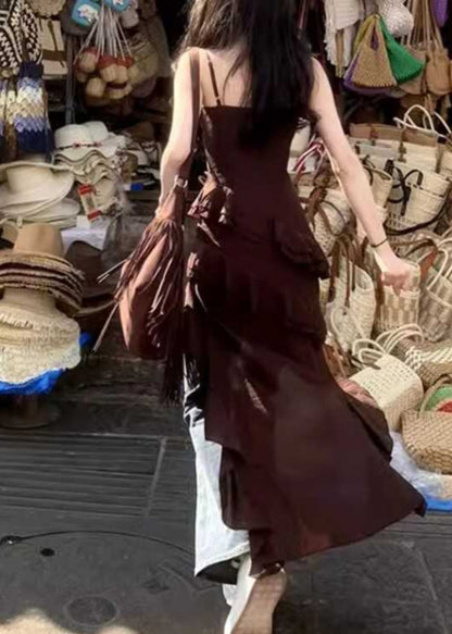 Bohemian Chocolate V-Ausschnitt Asymmetrisches Rüschen Spaghettiträgerkleid Sommer UU1026