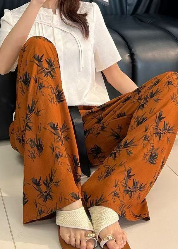 Straight Bohemian Waist Print Pants Elastic Cotton Summer