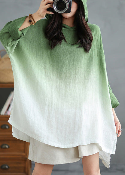 Green Bohemian Linen Hooded Gradient Loose Spring Sweatshirts