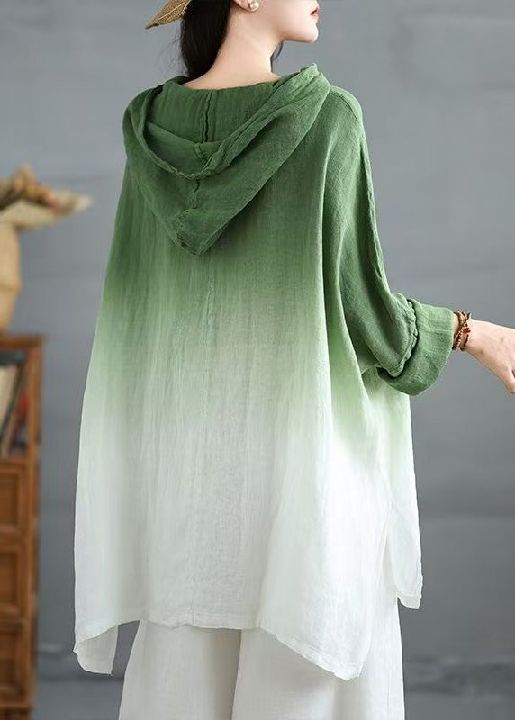 Green Bohemian Linen Hooded Gradient Loose Spring Sweatshirts