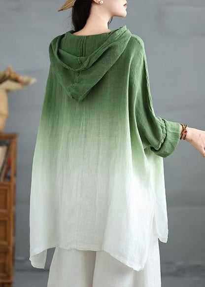 Green Bohemian Linen Hooded Gradient Loose Spring Sweatshirts