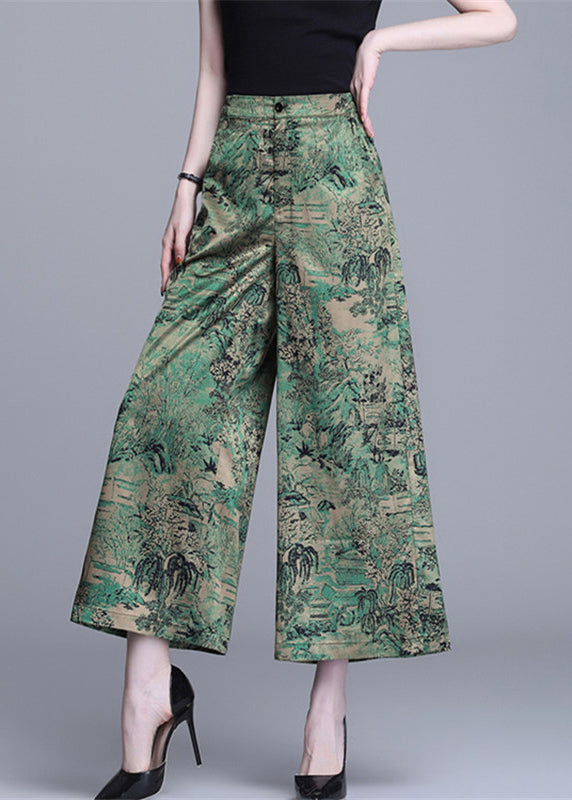 Bohemian Green High Waist Print Silk Wide Leg Pants Summer OO020