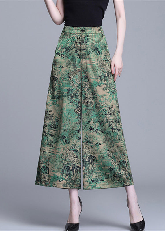 Bohemian Green High Waist Print Silk Wide Leg Pants Summer OO020