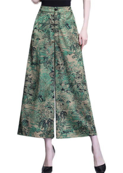 Bohemian Green High Waist Print Silk Wide Leg Pants Summer OO020