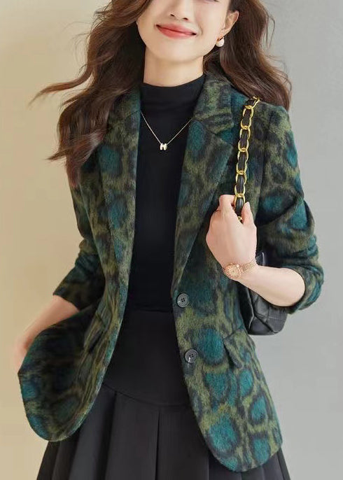 Bohemian Green Leopard Print Woolen Coats Spring YJ058