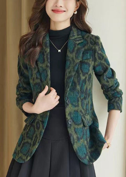 Bohemian Green Leopard Print Woolen Coats Spring YJ058