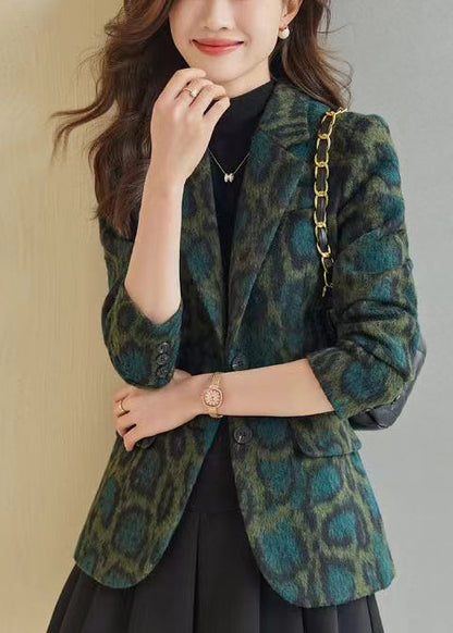 Bohemian Green Leopard Print Woolen Coats Spring YJ058
