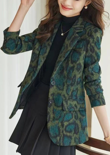 Bohemian Green Leopard Print Woolen Coats Spring YJ058
