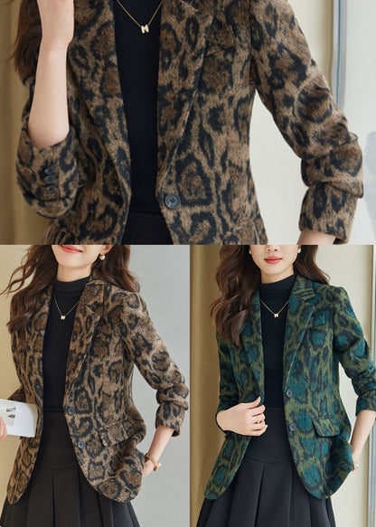 Bohemian Green Leopard Print Woolen Coats Spring YJ058