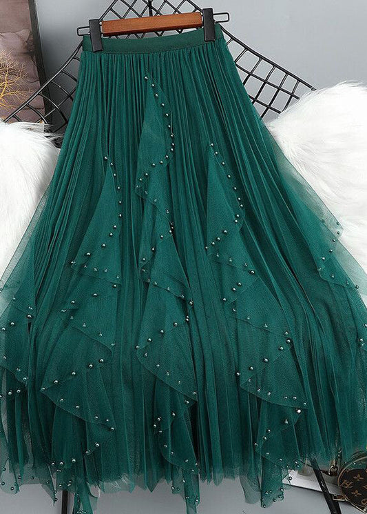 Bohemian Bead Waist Maxi Elastic Tulle Nail Skirt Green Patchwork