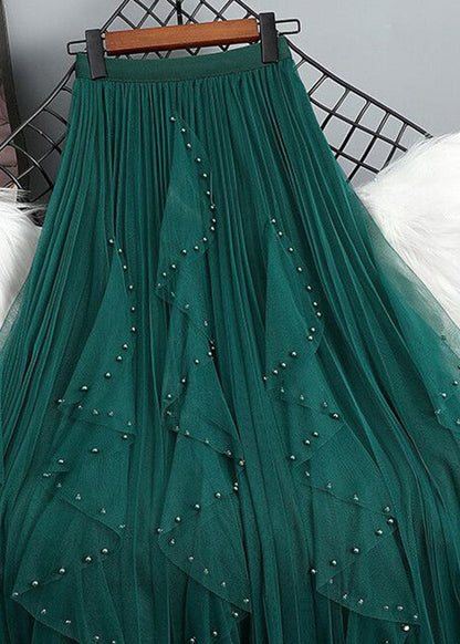 Bohemian Bead Waist Maxi Elastic Tulle Nail Skirt Green Patchwork