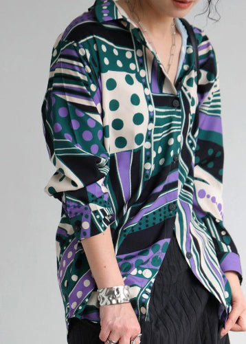 Bohemian Green Oversized Fall Top Print Shirt Chiffon