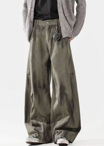 Pants Men Waist Elastic Cotton Dye Wrinkled Tie Green Bohemian