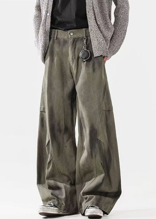 Pants Men Waist Elastic Cotton Dye Wrinkled Tie Green Bohemian