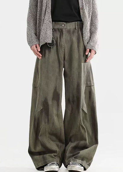 Pants Men Waist Elastic Cotton Dye Wrinkled Tie Green Bohemian