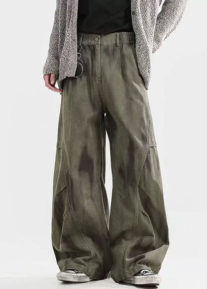 Pants Men Waist Elastic Cotton Dye Wrinkled Tie Green Bohemian