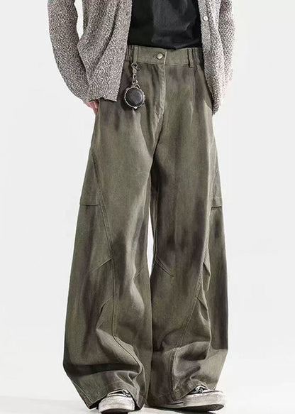 Pants Men Waist Elastic Cotton Dye Wrinkled Tie Green Bohemian