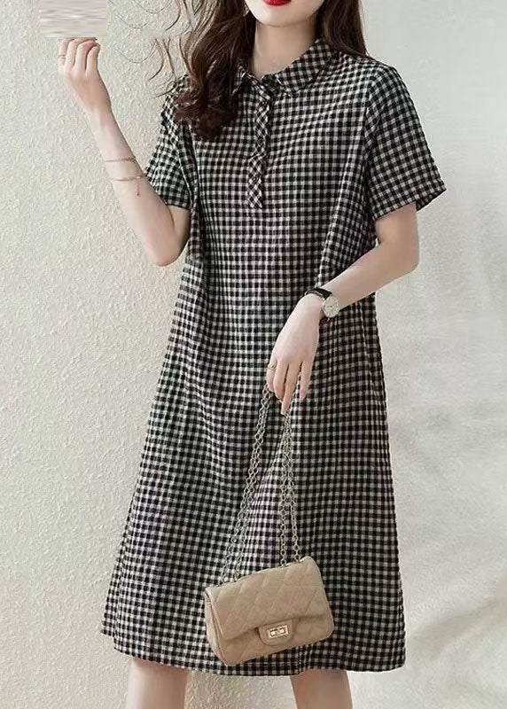 Dress Collar Summer Linen Plaid Bohemian Peter Grey Vacation Pan