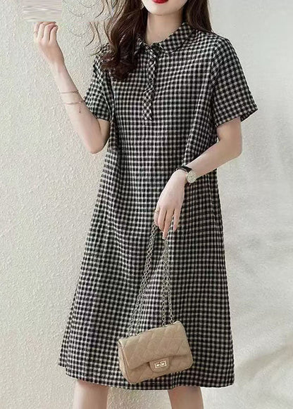 Dress Collar Summer Linen Plaid Bohemian Peter Grey Vacation Pan