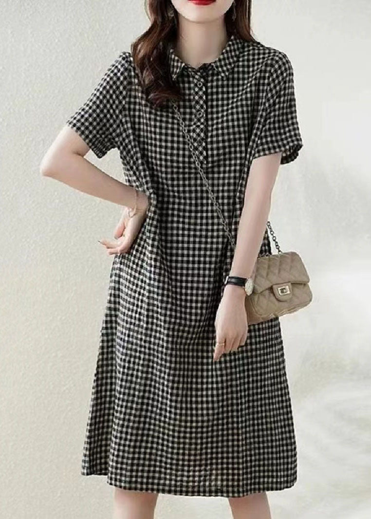 Dress Collar Summer Linen Plaid Bohemian Peter Grey Vacation Pan