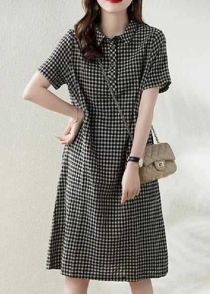 Dress Collar Summer Linen Plaid Bohemian Peter Grey Vacation Pan