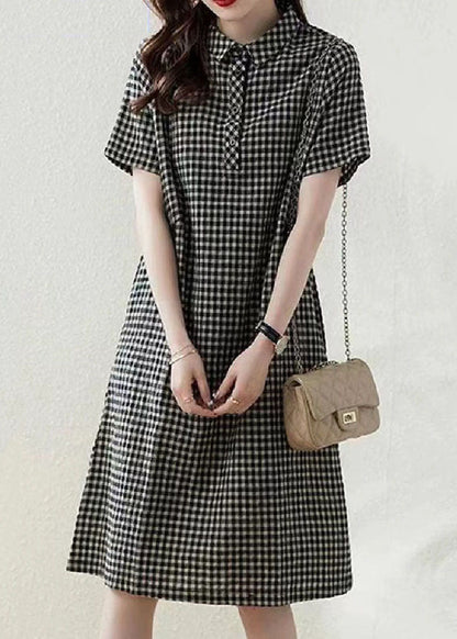 Dress Collar Summer Linen Plaid Bohemian Peter Grey Vacation Pan