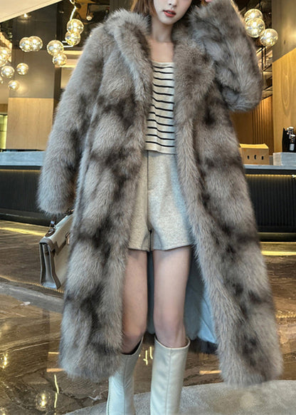 Bohemian Khaki Pockets Print Leather And Fur Long Coats Winter WZ032