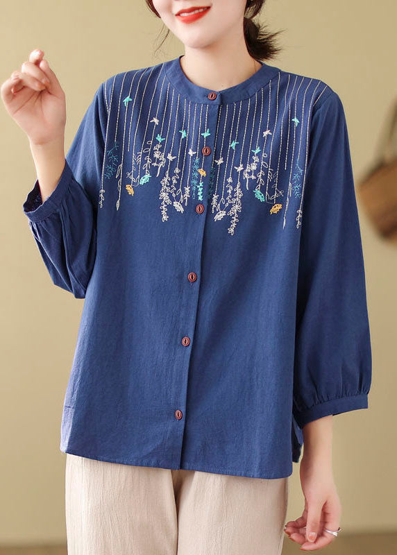 Bohemian Loose Blue Embroidered Linen Blouses Long Sleeve FF019