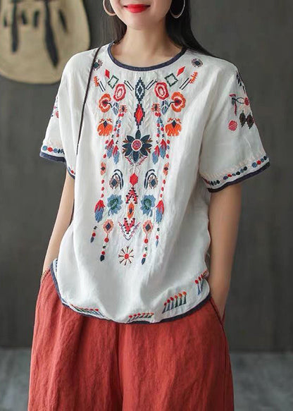 Bohemian Loose White Embroidered Cotton T Shirt Summer TN016