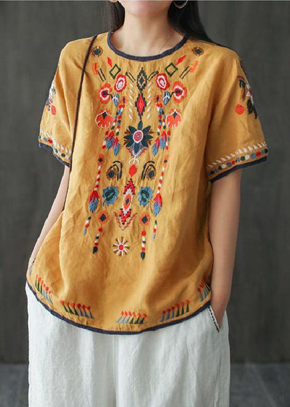 Bohemian Loose White Embroidered Cotton T Shirt Summer TN016