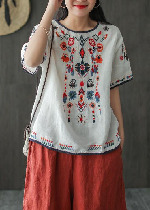 Bohemian Loose White Embroidered Cotton T Shirt Summer TN016