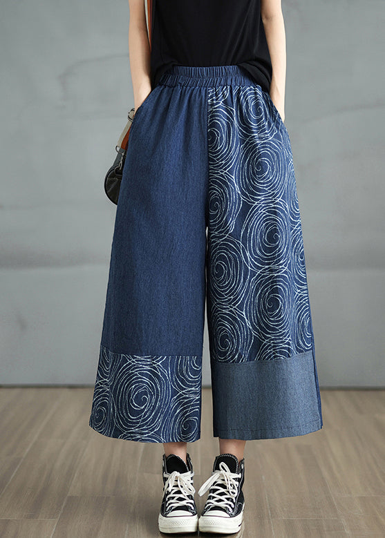 Bohemian Navy Pants Denim Print Summer Asymmetrical