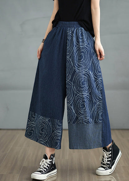 Bohemian Navy Pants Denim Print Summer Asymmetrical