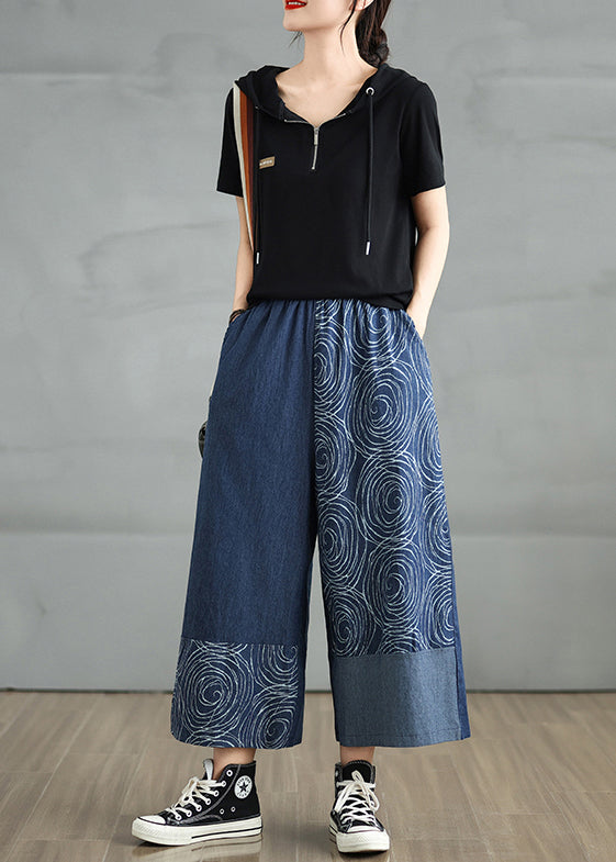 Bohemian Navy Pants Denim Print Summer Asymmetrical
