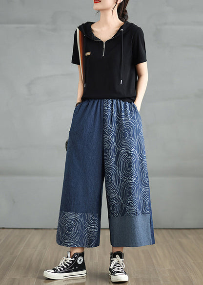 Bohemian Navy Pants Denim Print Summer Asymmetrical