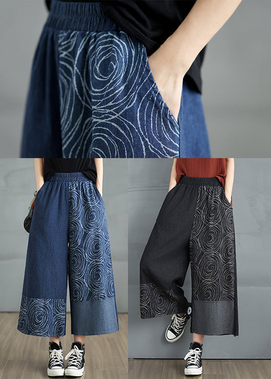 Bohemian Navy Pants Denim Print Summer Asymmetrical