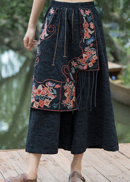 Bohemian Navy Embroidered Patchwork Cotton Crop Pants Summer QQ1017