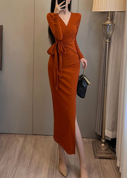 Long Open Waist Dress Orange Knit Tie Bohemian Side