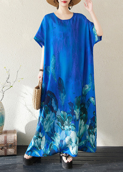 Holiday Dress Summer Bohemian Peacock Print Blue Oversized