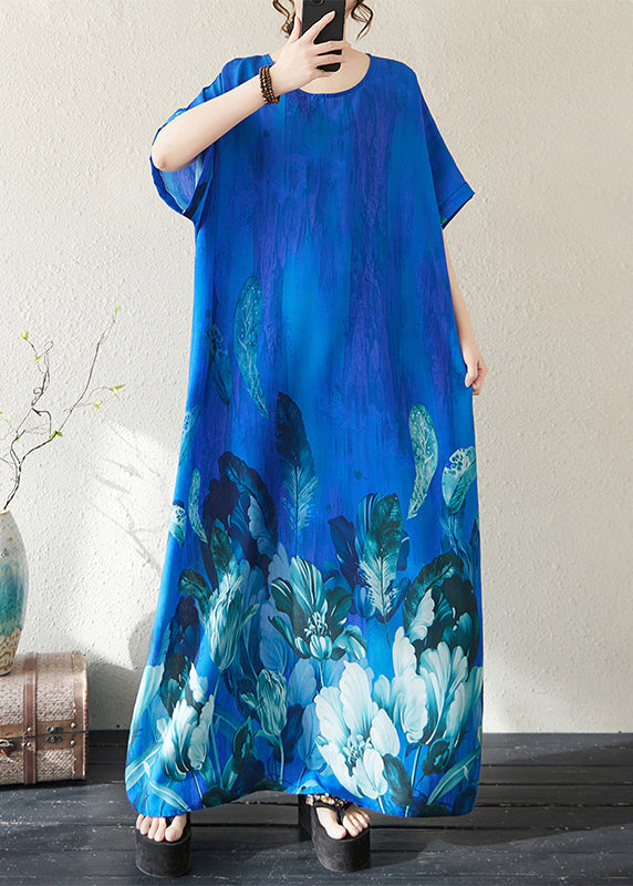 Holiday Dress Summer Bohemian Peacock Print Blue Oversized