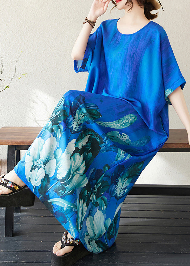 Holiday Dress Summer Bohemian Peacock Print Blue Oversized