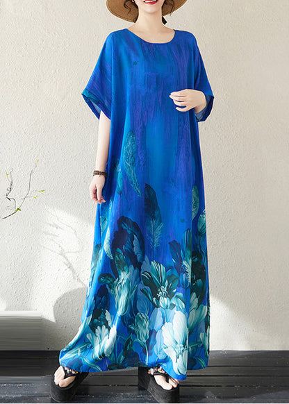 Holiday Dress Summer Bohemian Peacock Print Blue Oversized