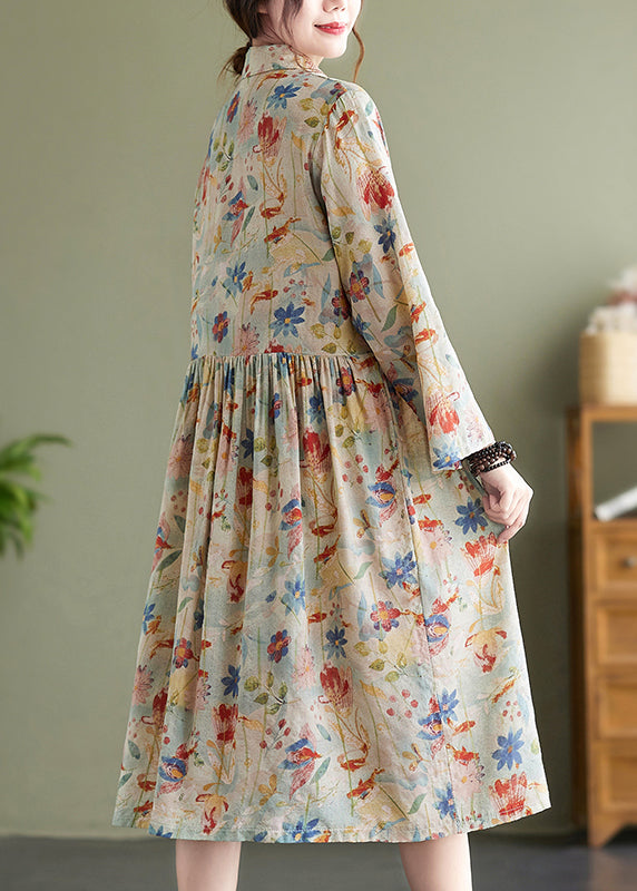 Bohemian Peter Pan Collar Print Wrinkled Cotton Dress Fall QO054