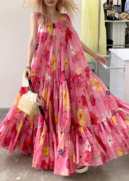 Bohemian Pink Print Wrinkled Patchwork Strap Dress Summer EE1031