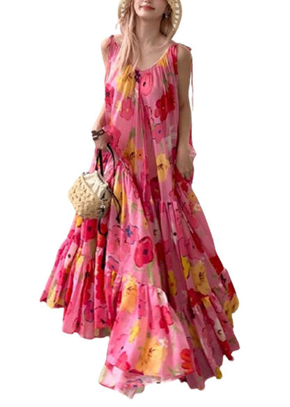 Bohemian Pink Print Wrinkled Patchwork Strap Dress Summer EE1031