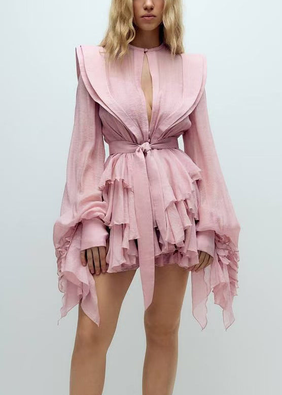 Cotton Lantern Pink Bohemian Mini Dress Sleeve Ruffled