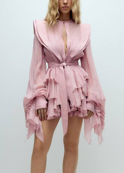 Cotton Lantern Pink Bohemian Mini Dress Sleeve Ruffled