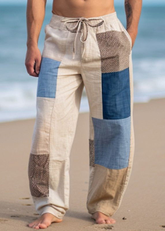 Summer Bohemian Asymmetrical Pants Mens Patchwork Plaid Cotton