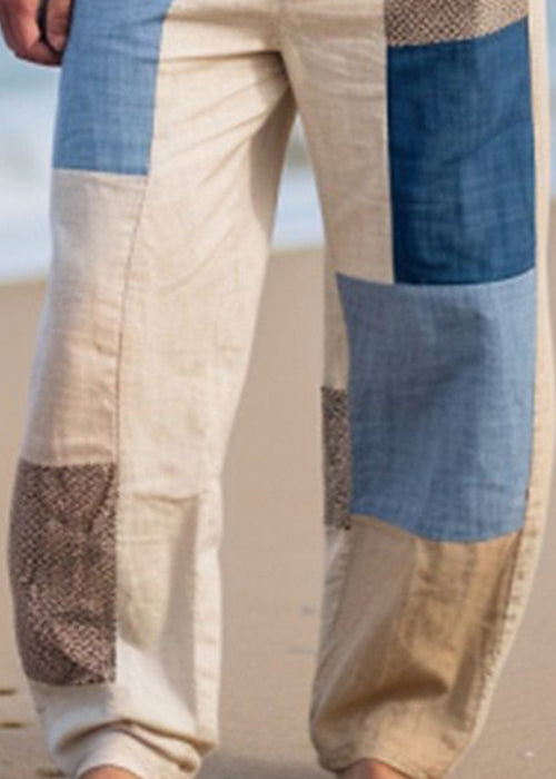 Summer Bohemian Asymmetrical Pants Mens Patchwork Plaid Cotton
