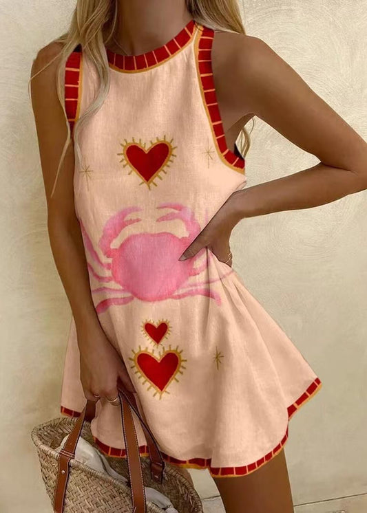 Linen Bohemian Sleeveless A Print Line Dress Mini